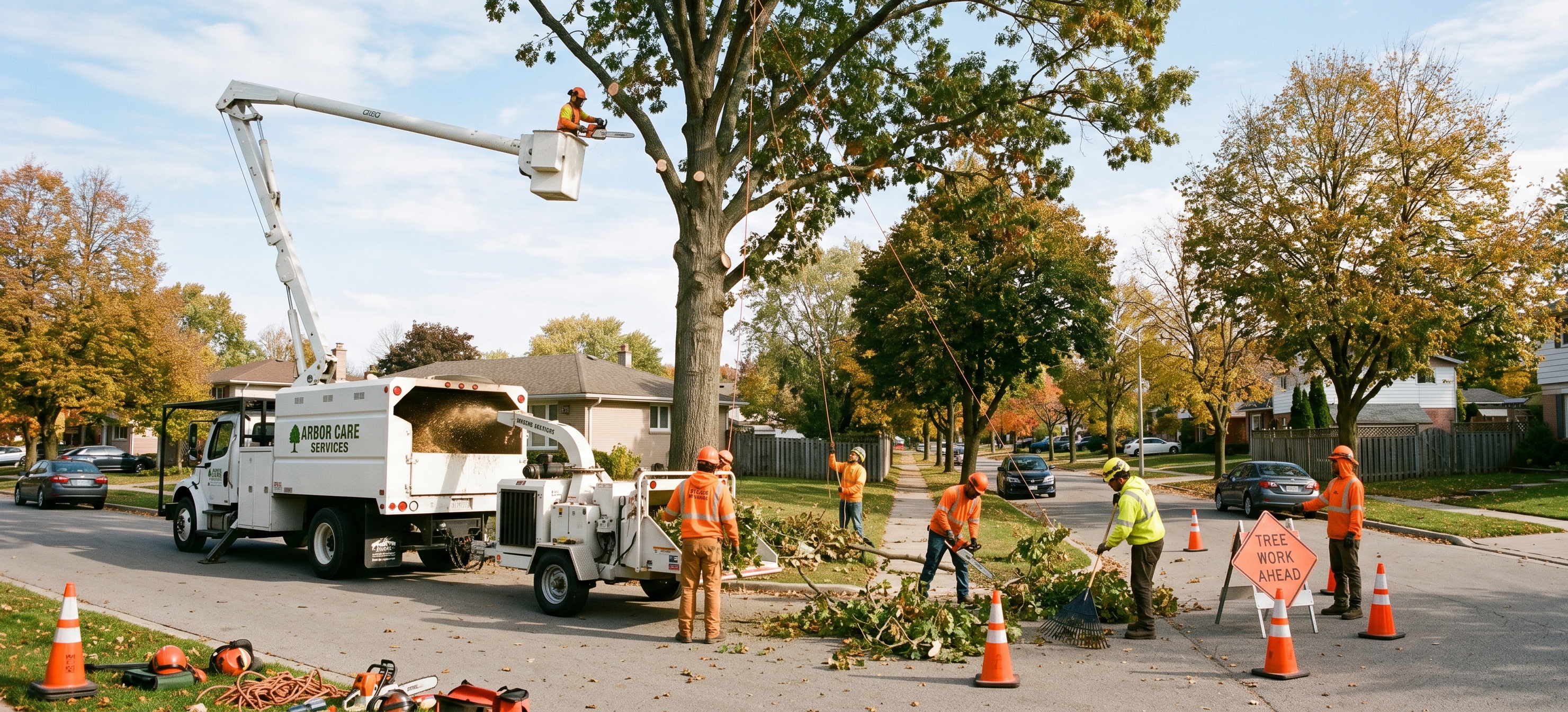 Tree service crew working carefully in a residential neighborhood